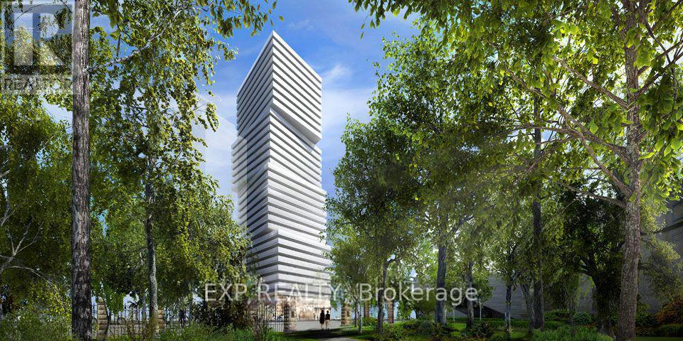 A tall, modern building with horizontal lines is surrounded by trees.