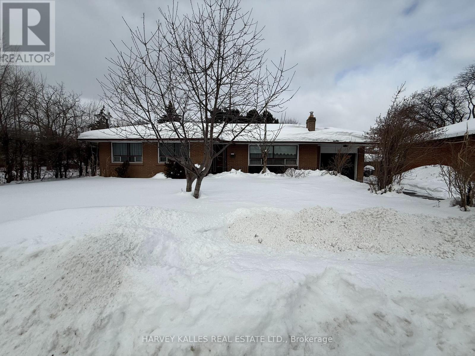 A house with a snow-covered yard and a tree in front of it.