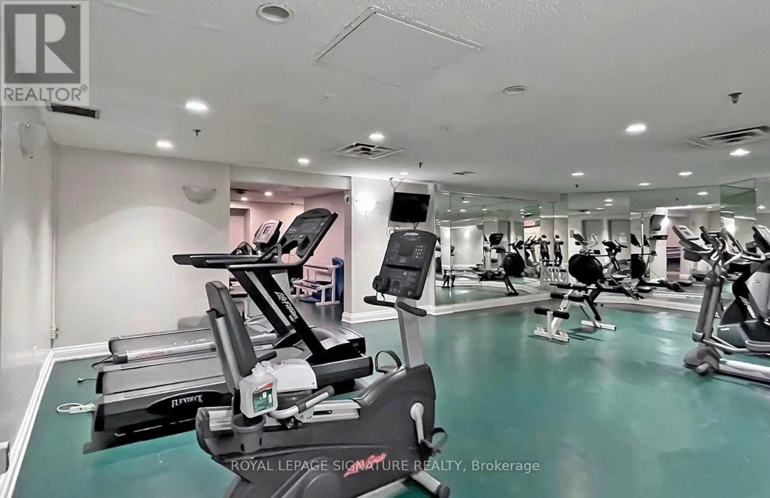 A gym with treadmills and other exercise equipment.