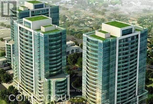 A rendering of a modern building complex with green roofs.
