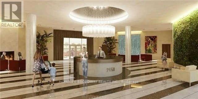 A reception area with a receptionist and a family entering.
