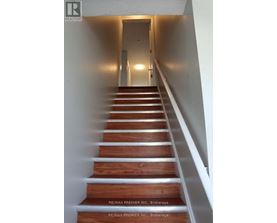 A long flight of wooden stairs leading to a door.