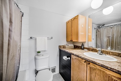 A bathroom with a toilet, sink, and wooden cabinets.