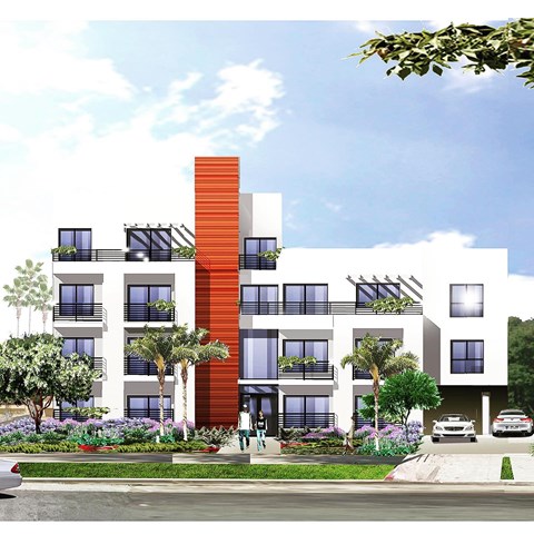 A modern multi-story building with a red and white facade and balconies.