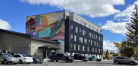A large mural on a building with cars parked in front.