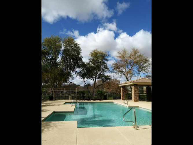 A pool surrounded by trees and a gazebo.