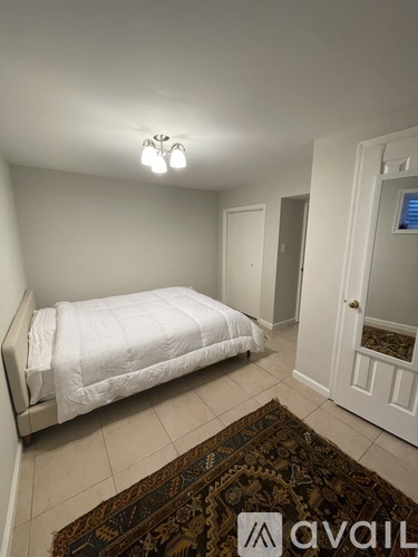 A bedroom with a bed, rug, and a mirror.