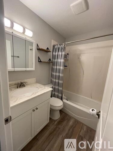 A white bathroom with wood flooring and a white toilet.