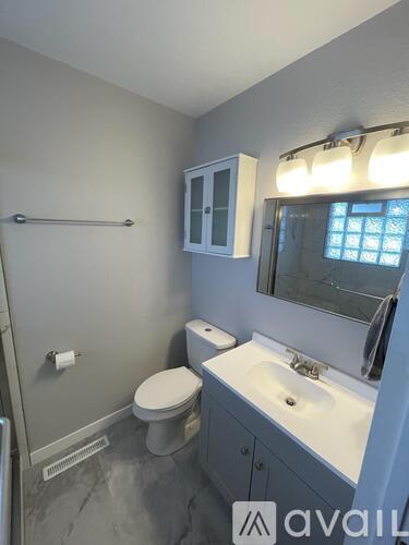 A bathroom with a toilet, sink, and mirror.