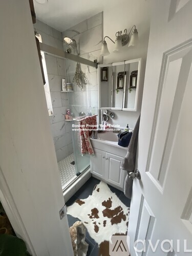 A bathroom with a cowhide rug on the floor.