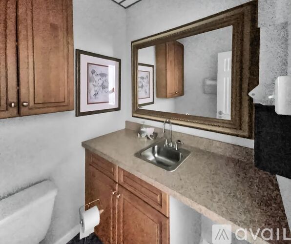 A bathroom with a sink, mirror, and wooden cabinets.