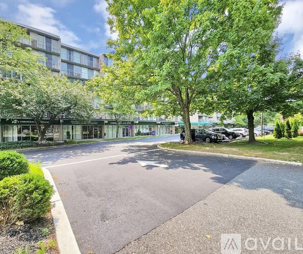 A parking lot in front of a building with a tree and bushes.