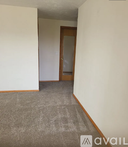 A hallway with a carpeted floor and a wooden door.