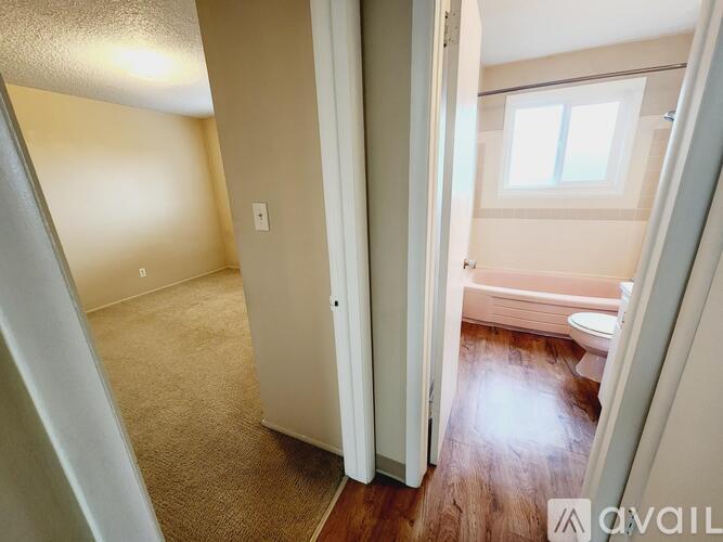 A room with a carpeted floor and a window.