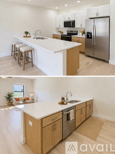 A modern kitchen with wooden cabinets and a white countertop.