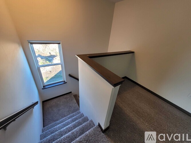 A staircase with a carpeted floor and a window with a view of a grassy area outside.