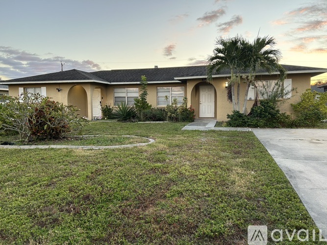 A house with a front yard and a palm tree.