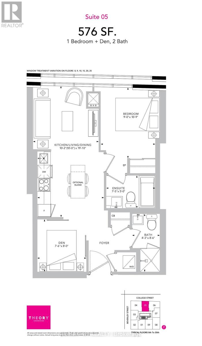 A floor plan for a suite at 576 SF shows a 1 bedroom + den, 2 bathroom layout.