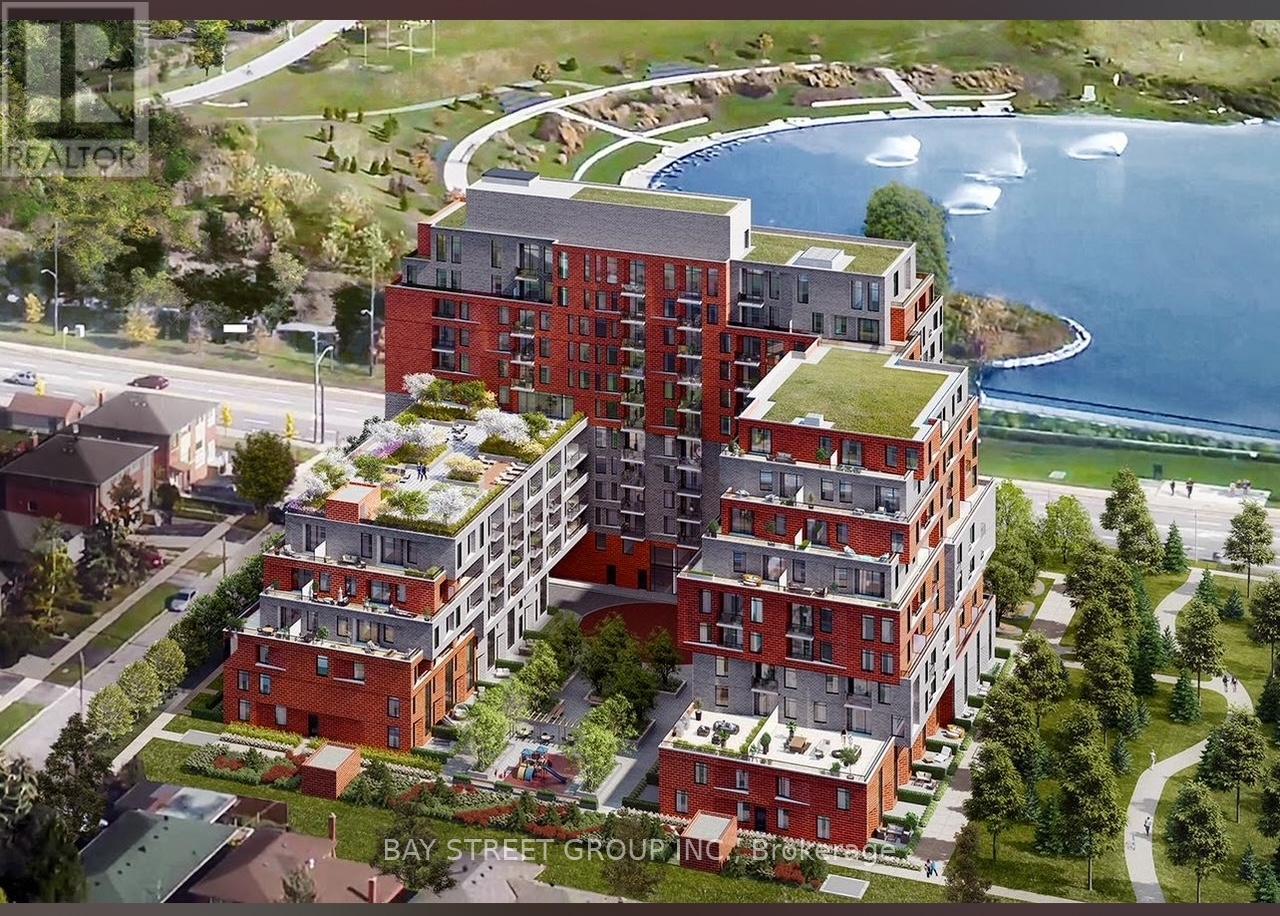 A rendering of a red building with Bay Street Group Built on it.