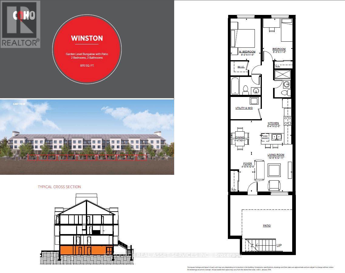 A real estate advertisement for Winston, a 2-bedroom apartment in Garfield Park, with a floor plan and a typical cross-section drawing.