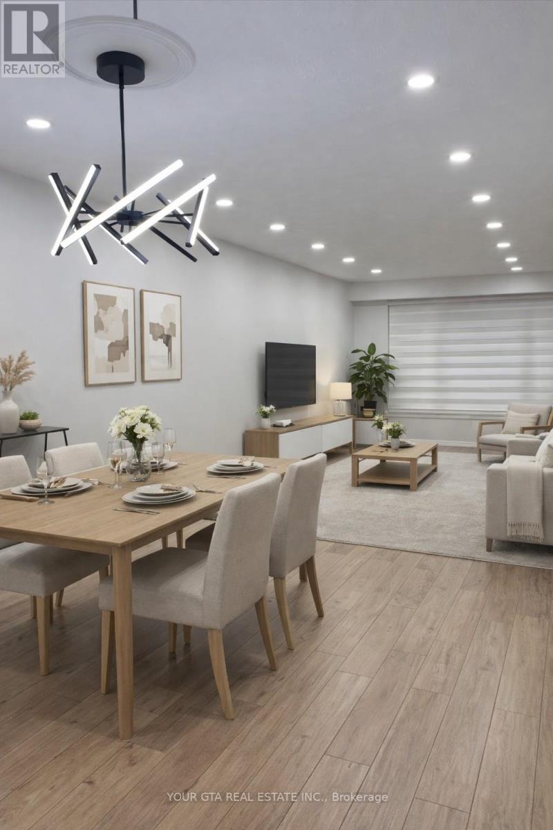 A modern dining room with a wooden table and chairs.