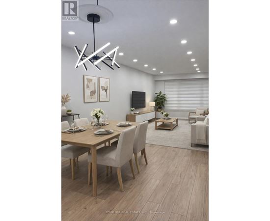 A modern dining room with a wooden table and chairs.