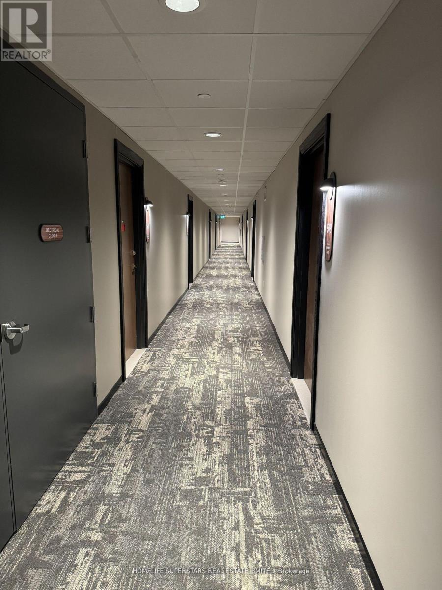 A long hallway with a carpeted floor and doors on both sides.