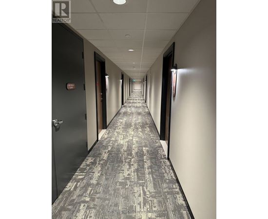 A long hallway with a carpeted floor and doors on both sides.