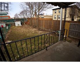 A backyard with a black fence and a green tree.