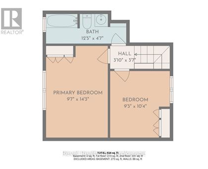 A floor plan for a home with a primary bedroom, hall, and bath.