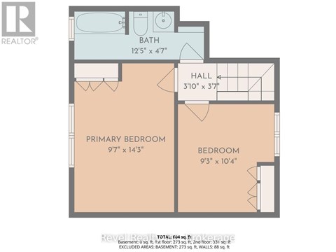 A floor plan for a home with a primary bedroom, hall, and bath.