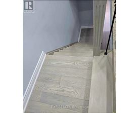 A staircase with wooden steps and a grey wall.