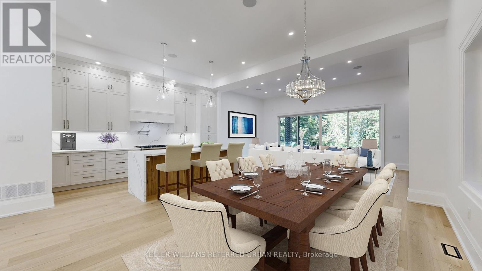 A modern dining room with a wooden table and chairs.