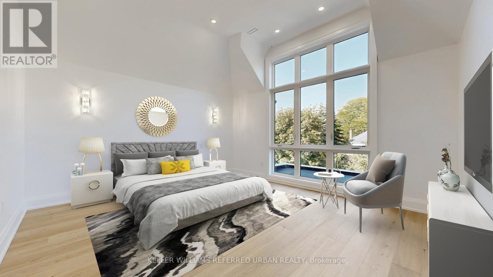 A bedroom with a large bed and a chair by the window.