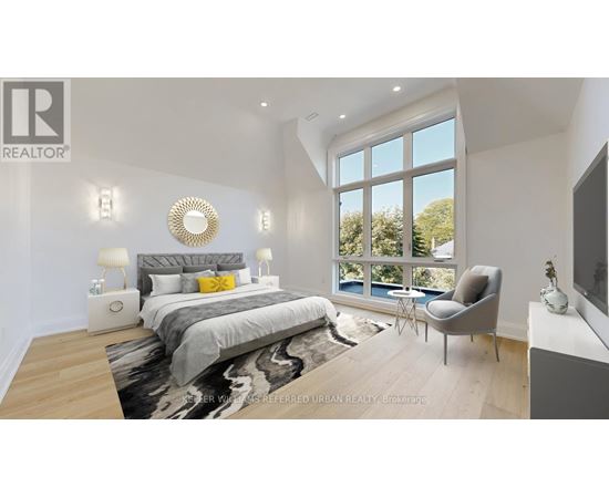 A bedroom with a large bed and a chair by the window.