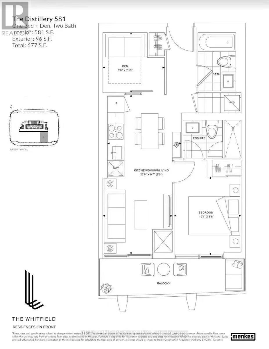 A floor plan for The Whitfield Residences on Front shows a living room, two bedrooms, a bathroom, and a balcony.