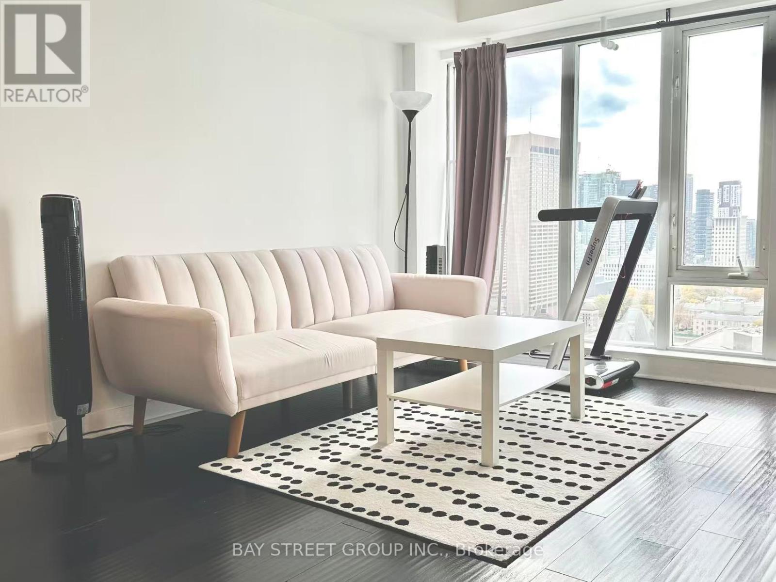 A living room with a white sofa and a black and white rug.