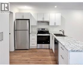 A kitchen with a refrigerator, oven, and cabinets.