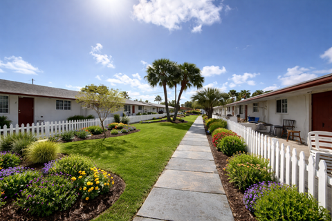 A sunny day in a residential area with a white picket fence and colorful flower beds.