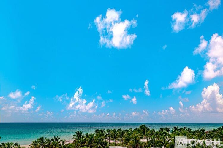 A beautiful beach landscape with clear skies and palm trees.
