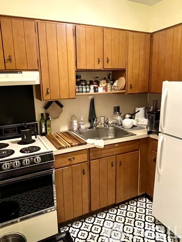 A kitchen with wooden cabinets and a black and white floor mat.