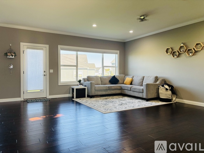 A living room with a grey couch and a rug in front of it.