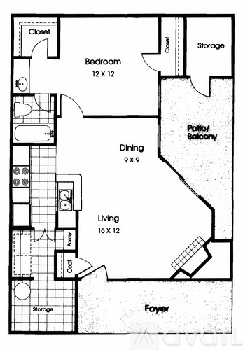 A floor plan of a home with a living area, dining area, bedroom, storage, and foyer.