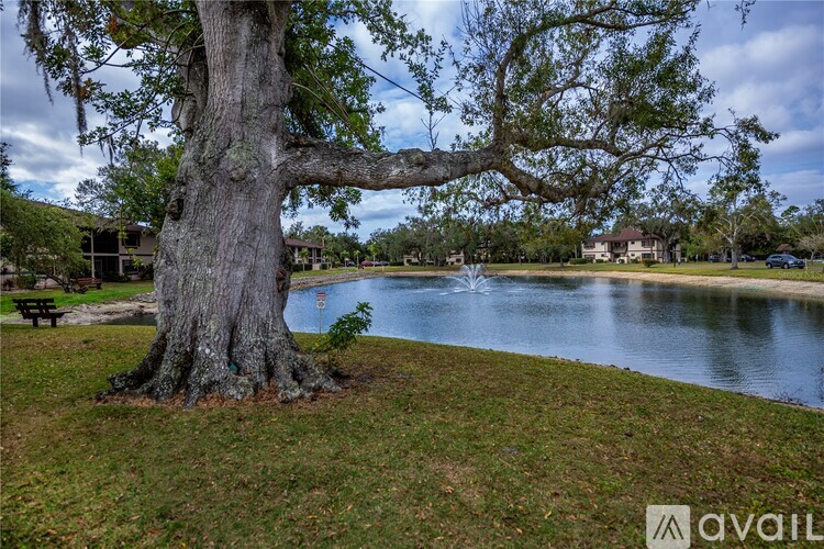 A large tree stands in a grassy area next to a lake.