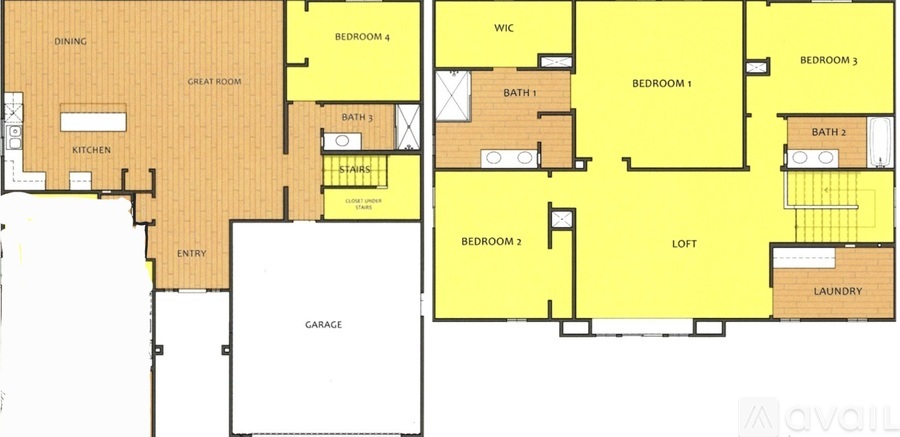 A floor plan of a house with a garage and four bedrooms.