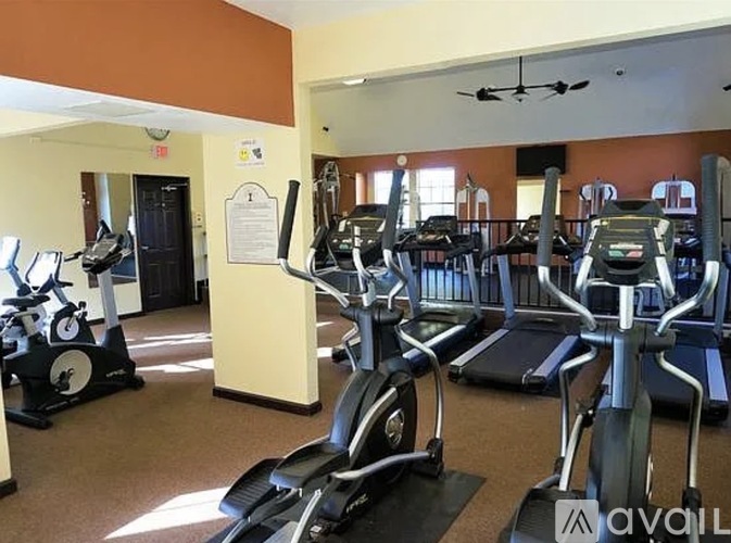 A gym with treadmills and exercise bikes.