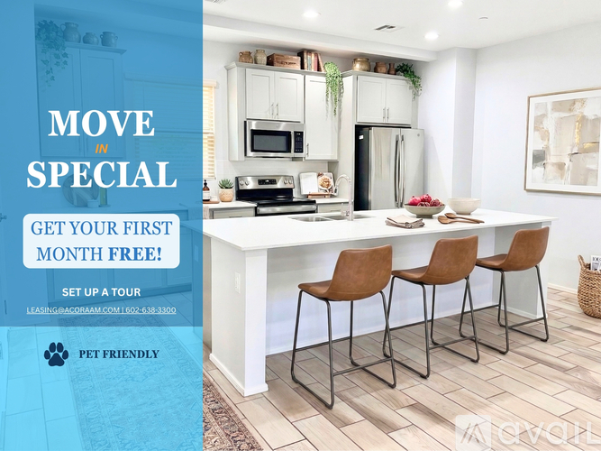 A modern kitchen with a bar stool advertisement offering a free first month.