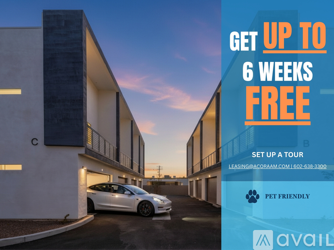 A modern building with a car parked in front and an offer for a free 6 weeks.
