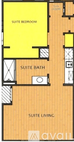 A floor plan of a suite with a bedroom, bathroom, and living area.