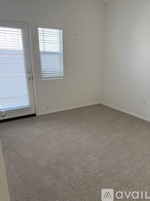 A carpeted room with a door and a window.